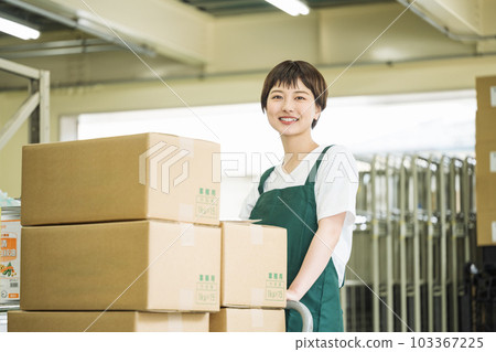 在倉庫里工作的年輕女子 在倉庫里工作的年輕女子 103367225