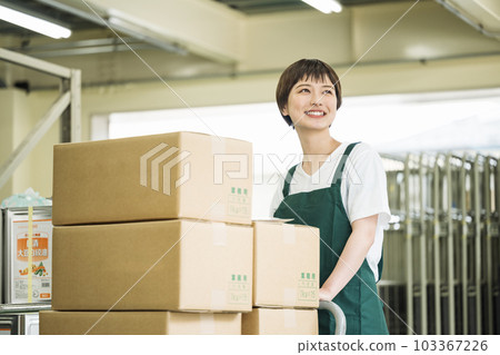 在倉庫里工作的年輕女子 在倉庫里工作的年輕女子 103367226