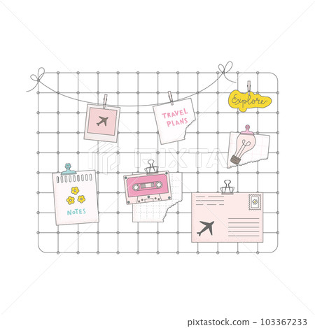 Flat vector illustration with cute paper notes, clip, card. Metal grid wall mood board inspiration. Flat vector illustration with cute paper notes, clip, card. Metal grid wall mood board inspiration. 103367233