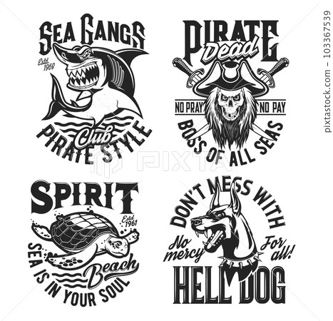 Shark, turtle, doberman and pirate captain skull mascots, vector t-shirt prints. Sea sport club, ocean marine adventure team or summer beach travel badges for T shirt prints with slogans 103367539