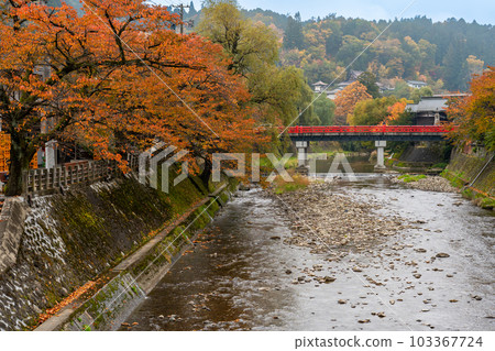 Takayama City, Gifu Prefecture Red Nakabashi Bridge, a representative bridge of Hida Takayama with its beautiful autumn foliage 103367724
