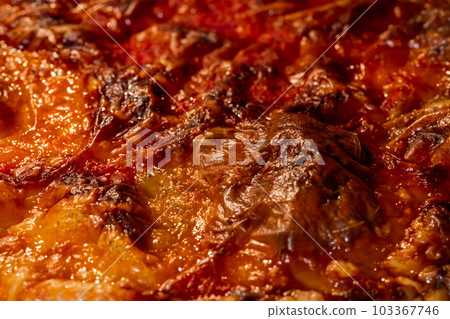 Burnt homemade pizza Margherita: close up, macro 103367746