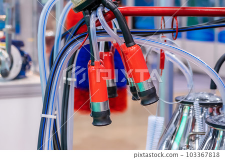 Teat cups of automated cow milking suction machine at exhibition: close up 103367818