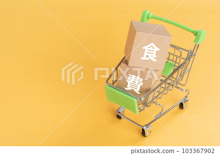 食品費用的形象 | 購物車和木塊 103367902