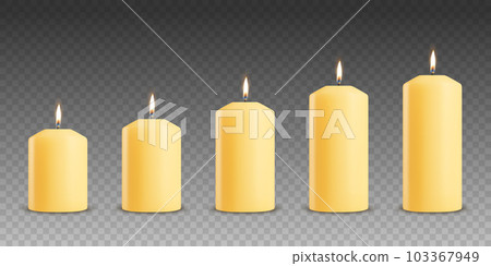 Vector 3d Realistic Yellow, Orange Paraffin Wax Burning Party, Spa Candle Set with Flame of a Candle, Isolated. Different Size Collection. Design Template, Front View Vector 3d Realistic Yellow, Orange Paraffin Wax Burning Party, Spa Candle Set with Flame of a Candle, Isolated. Different Size Collection. Design Template, Front View 103367949