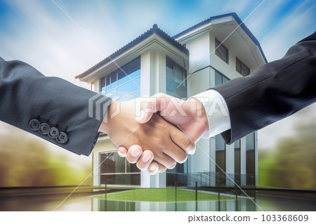 Two real estate agents, shaking hands, virtual tour, business partners sealing deal with handshake against modern luxury home backdrop. Generative AI 103368609