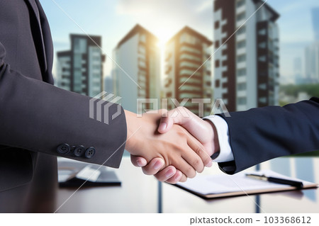 Two real estate agents, shaking hands, virtual tour, business partners sealing deal with handshake against stunning urban backdrop. Generative AI Two real estate agents, shaking hands, virtual tour, business partners sealing deal with handshake against stunning urban backdrop. Generative AI 103368612