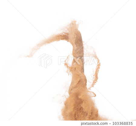 Big size Sand flying explosion, Golden grain wave explode. Abstract cloud fly. Yellow colored sand splash throwing in Air. White background Isolated high speed shutter, throwing freeze stop motion Big size Sand flying explosion, Golden grain wave explode. Abstract cloud fly. Yellow colored sand splash throwing in Air. White background Isolated high speed shutter, throwing freeze stop motion 103368835