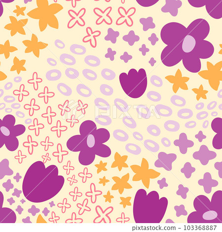 Field of Flowers Red and Blue natural Pattern. Vector illustration, Orange, light pink, and yellow dense looping seamless pattern. Textile floral daisy design 103368887