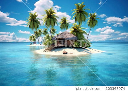 Tropical island with palms, beach and bungalow surrounded blue water, generative AI. 103368974