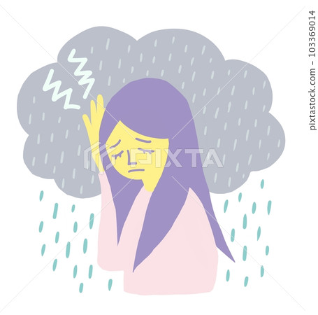 Weather pain, weather sickness, barometric pressure, headache, female, illustration 103369014