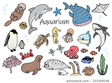 水族館中可愛生物的插圖集,手寫 水族館中可愛生物的插圖集,手寫 103369546