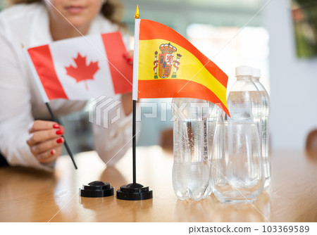 Young woman putting Canada and Spain flags on table in office 103369589