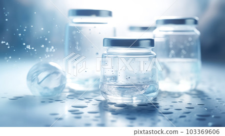 Laboratory test tubes and other various medical glassware, blue background. Pharmacy cosmetology concept 103369606