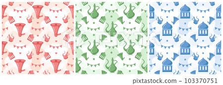 Set of Happy Islamic New Year Seamless Pattern Design Flat Illustration with Muslims Elements in Template Hand Drawn Set of Happy Islamic New Year Seamless Pattern Design Flat Illustration with Muslims Elements in Template Hand Drawn 103370751