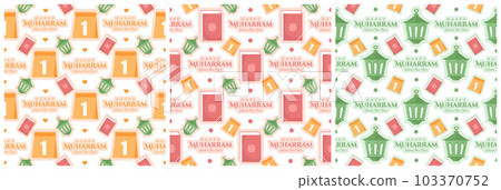 Set of Happy Islamic New Year Seamless Pattern Design Flat Illustration with Muslims Elements in Template Hand Drawn 103370752