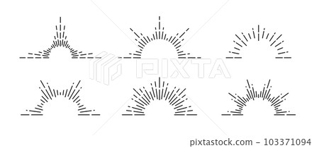 Half sunburst frame set. Sunrise and sunset symbols collection. Radial sunshine light rays pack. Retro sunbeam shapes. Design elements for logo, label, badge, poster, icon. Vector bundle Half sunburst frame set. Sunrise and sunset symbols collection. Radial sunshine light rays pack. Retro sunbeam shapes. Design elements for logo, label, badge, poster, icon. Vector bundle 103371094