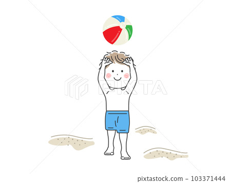 一個男孩在沙灘上玩沙灘球的插圖 103371444