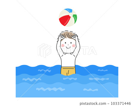 一個男孩在海裡玩沙灘球的插圖 103371446