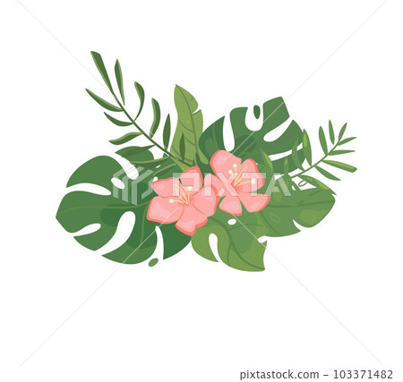Tropical leaves and flowers, composition. Green leaves of palm trees, and pink flowers. Delicate summer design 103371482