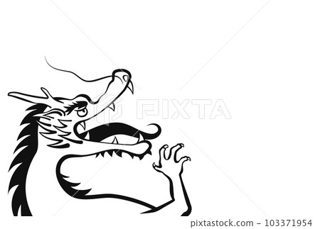 一條龍的黑白線條畫圖，它的嘴巴張開，有復制空間 103371954