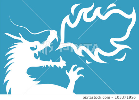 Illustration of a dragon blowing fire in a speech bubble White silhouette on a blue background Illustration of a dragon blowing fire in a speech bubble White silhouette on a blue background 103371956