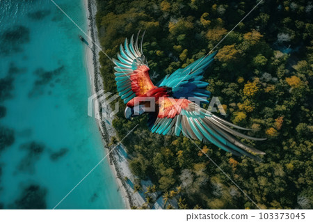 Get lost in the natural beauty of a tropical paradise as a stunningly colored bird glides above the turquoise waters and sandy shores of a beach in this breathtaking stock photo, AI Generative. Get lost in the natural beauty of a tropical paradise as a stunningly colored bird glides above the turquoise waters and sandy shores of a beach in this breathtaking stock photo, AI Generative. 103373045
