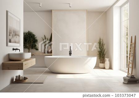 Experience the epitome of luxury in a beautifully designed bathroom with a spacious tub and an elegant sink. A space to relax and unwind in style. AI Generative 103373047