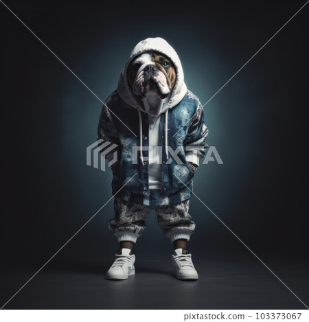 Adorable bulldog in a red hoodie, playful crouch pose, and endearing expression. Ideal for animal lovers and pet owners. AI Generative image. 103373067