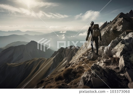 Experience the freedom and beauty of nature with this man enjoying the breathtaking view from a mountaintop. AI Generative. Experience the freedom and beauty of nature with this man enjoying the breathtaking view from a mountaintop. AI Generative. 103373068