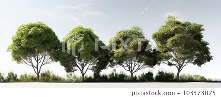 A natural beauty of a tree line in a serene rural countryside setting with green grass and plants isolated on white. AI Generative. 103373075