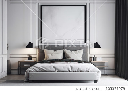 A cozy bedroom featuring a mockup poster frame with a canvas print and patterned pillows and blankets. The lighting and greenery make the atmosphere relaxing. This mockup is AI generative. A cozy bedroom featuring a mockup poster frame with a canvas print and patterned pillows and blankets. The lighting and greenery make the atmosphere relaxing. This mockup is AI generative. 103373079
