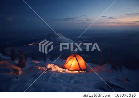Winter camping beneath a starry sky in a serene snow-covered wilderness. AI Generative Winter camping beneath a starry sky in a serene snow-covered wilderness. AI Generative 103373080