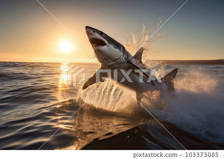 A shark leaping out of the water creates a powerful image of apex predator hunting its prey. This action shot in blue tones is perfect for wildlife and conservation themes. AI Generative. 103373085