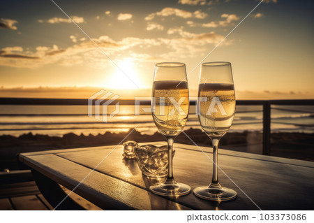 Savor the luxury and beauty of a golden sunset with champagne glasses and a sea view. AI Generative. 103373086