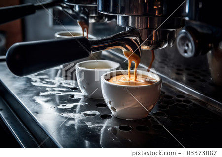 Automatic coffee maker delivering a hot and satisfying cup of coffee, perfect for any time of day. Relax and savor every sip. AI Generative Automatic coffee maker delivering a hot and satisfying cup of coffee, perfect for any time of day. Relax and savor every sip. AI Generative 103373087