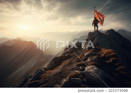 Adventurous hiker with backpack enjoys the stunning panoramic view from the mountain summit after a challenging trail. AI Generative Adventurous hiker with backpack enjoys the stunning panoramic view from the mountain summit after a challenging trail. AI Generative 103373096