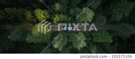 Explore the great outdoors from a bird's eye view. Stunning drone photograph of a car driving on a scenic road through a vibrant green forest. AI Generative. Explore the great outdoors from a bird's eye view. Stunning drone photograph of a car driving on a scenic road through a vibrant green forest. AI Generative. 103373109