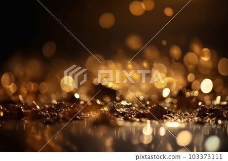 Golden glitter particles on a dark backdrop with metallic texture and bokeh lights. Shiny decoration for festive celebration and glamour party. AI Generative. Golden glitter particles on a dark backdrop with metallic texture and bokeh lights. Shiny decoration for festive celebration and glamour party. AI Generative. 103373111