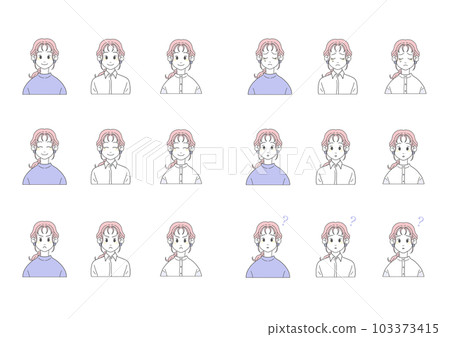 Casual fashion woman facial expression set (bust-up, pink x blue, vector) 103373415