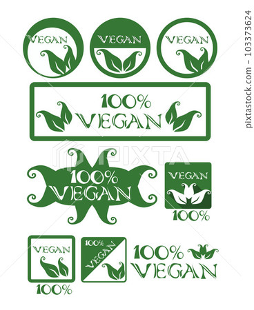 100% vegan food concept. Set of green line icons on white background. Round, square icons and inscriptions green vector illustrations with leaves for stickers, labels and logos. eps 100% vegan food concept. Set of green line icons on white background. Round, square icons and inscriptions green vector illustrations with leaves for stickers, labels and logos. eps 103373624