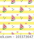 Vector illustration: seamless pattern with cone red watermelon slices on yellow striped background 103373647