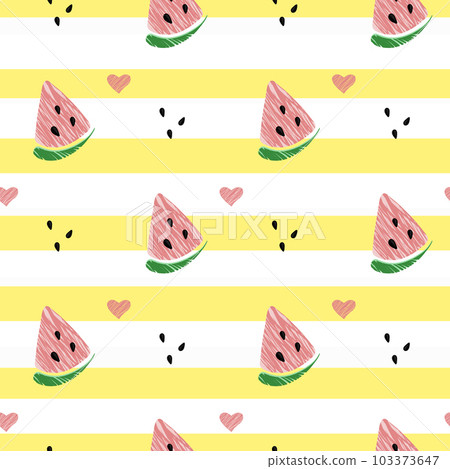 Vector illustration: seamless pattern with cone red watermelon slices on yellow striped background Vector illustration: seamless pattern with cone red watermelon slices on yellow striped background 103373647