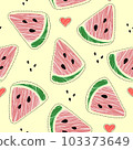 seamless pattern with cone red watermelon slices and hearts on yellow background 103373649