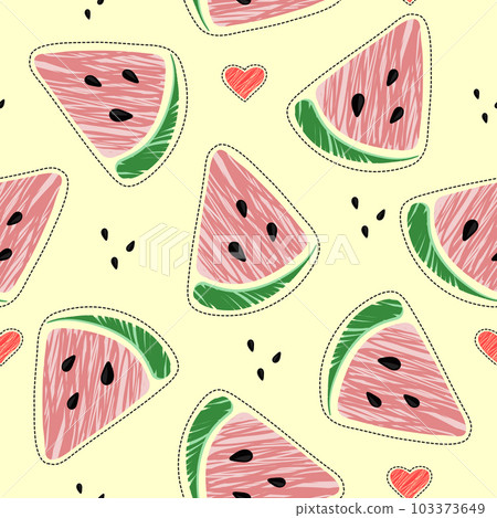 seamless pattern with cone red watermelon slices and hearts on yellow background seamless pattern with cone red watermelon slices and hearts on yellow background 103373649