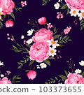 Contemporary floral print with peonies and small garden flowers on field for digital background and textile in vintage style ,ornate vector template 103373655