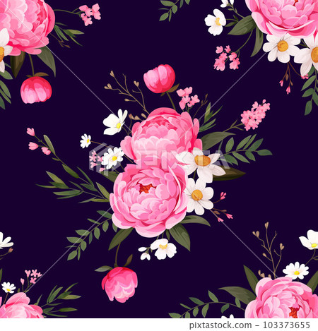 Contemporary floral print with peonies and small garden flowers on field for digital background and textile in vintage style ,ornate vector template Contemporary floral print with peonies and small garden flowers on field for digital background and textile in vintage style ,ornate vector template 103373655