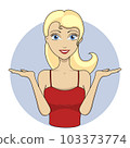 Smiling girl showing open hands palms with space for product or text. Vector girl portrait. Young woman dressed in red top. Red lips. Smile 103373774