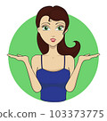 Surprised girl showing open hands palms with space for product or text. Vector illustration. Woman with an open mouth in a blue singlet. The open palm 103373775
