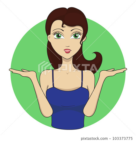 Surprised girl showing open hands palms with space for product or text. Vector illustration. Woman with an open mouth in a blue singlet. The open palm 103373775